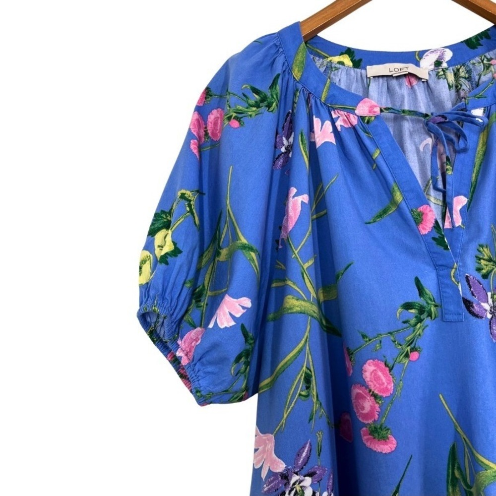LOFT Blue Floral Tie-Neck Puff-Sleeve Blouse - Picture 5 of 9